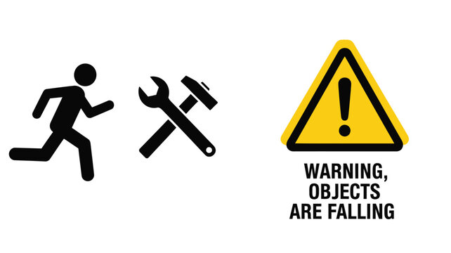 Warning sign featuring a running person and falling tools silhouette
