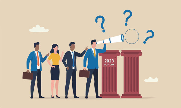 Year 2023 outlook, business opportunity new challenge ahead vision make decision move forward plan perspective concept, confidence team red pillar businessman through telescope year 2023