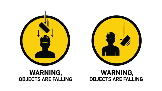 Falling object warning signs with worker silhouettes depicted in black