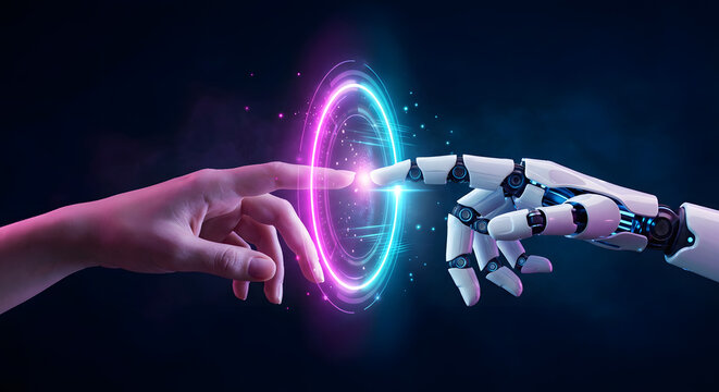 human hand touching robot finger through glowing neon digital portal representing artificial intelligence connection future technology collaboration and cyborg machine interaction