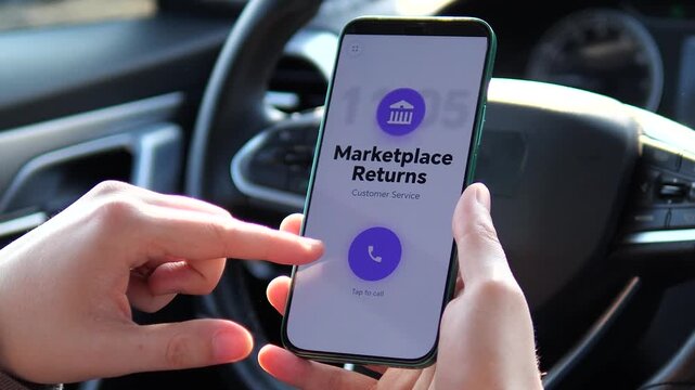 Modern consumer calling marketplace customer support for a product return while sitting in a car. High-quality footage showcasing mobile shopping convenience and digital assistance. Perfect for e