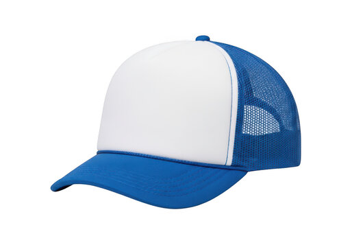 Blue and white trucker baseball cap isolated on transparent background