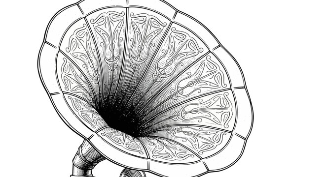 Detailed vintage gramophone horn illustration, antique phonograph receiver, retro music player sound device, intricate engraving style