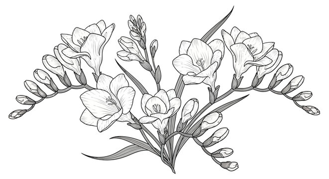 Detailed Freesia flowers and buds botanical line art illustration. Elegant black and white floral drawing.