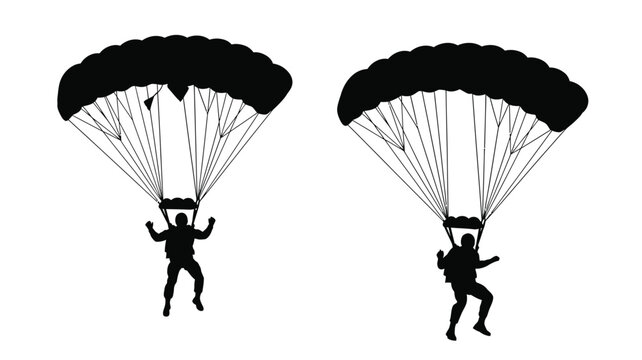 Two skydivers descending with open parachutes a striking silhouette