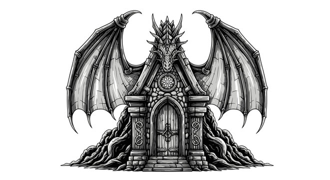 Fantasy Dragon Shrine Illustration, Ancient Gothic Architecture with Intricate Stone Carvings, Majestic Wings, and Mystical Roots