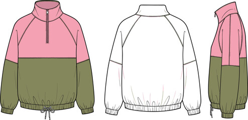 Color block zip up jacket with pink and green panels and drawstring hem. © Creative _ idea
