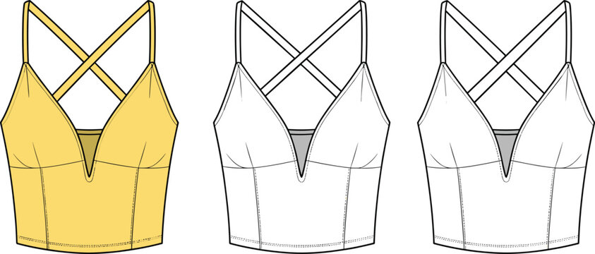 Fashionable yellow crop top with criss cross straps and detailed stitching.