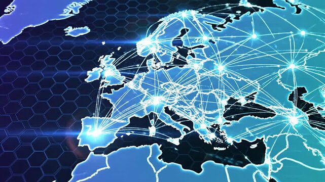 Europe map with glowing digital network connections and hexagons