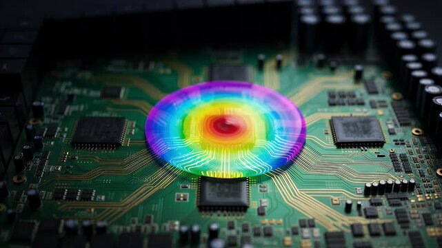 Colorful and intricate circuit board with components and a rainbow effect focal point
