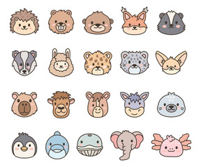 Naklejka premium Cute kawaii animal face set featuring hedgehog beaver otter fox skunk badger llama leopard snow leopard fennec capybara camel