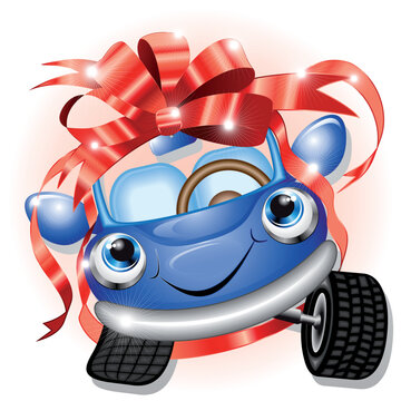 Car Cartoon Happy Gift Idea wrapped on a Big Red Ribbon, Birthday gift, Christmas Gift, Anniversary Gifts. Vector illustration EPS
