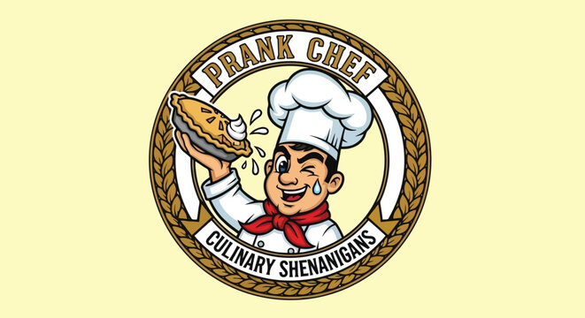 Prank Chef cartoon logo with chef holding pie and culinary shenanigans text