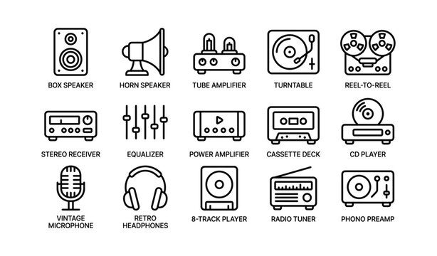 Vintage audio icons - box speaker, horn, amplifier, turntable, cassette deck, vinyl, radio tuner