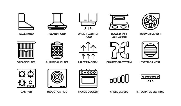 Kitchen ventilation systems with various hood types and components icons