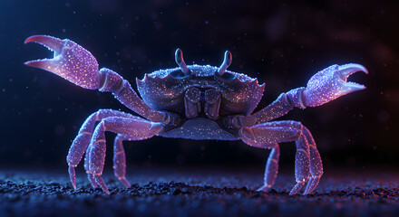 Cosmic Crab's Dance: A vibrant crab, illuminated in ethereal light, dances against a moody backdrop, showcasing the beauty of marine life and sparking imagination.