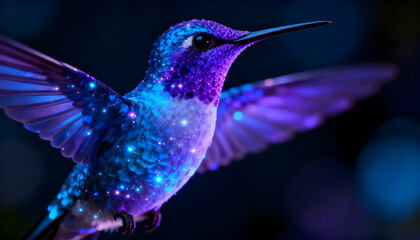 Naklejka premium Celestial Hummingbird: A mesmerizing portrayal of a hummingbird, its feathers adorned with a celestial glow, set against a dark, dreamy backdrop. 
