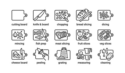 Fototapeta premium Kitchen icons set: cutting, slicing, dicing, grating, measuring