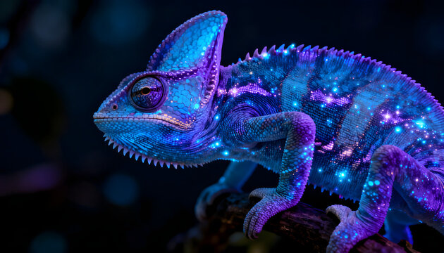 Chameleon's Neon Dream: A radiant chameleon, adorned with iridescent colors and intricate patterns, casts a spell of wonder against a dark and mysterious backdrop.