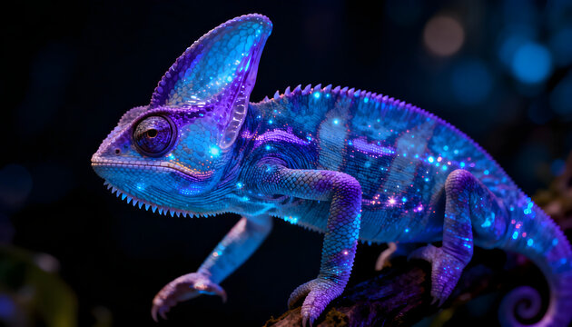 Vibrant Chameleon's Glow: A stunning chameleon, showcasing its adaptive camouflage, emits a captivating, vivid glow in a darkened, mysterious environment.