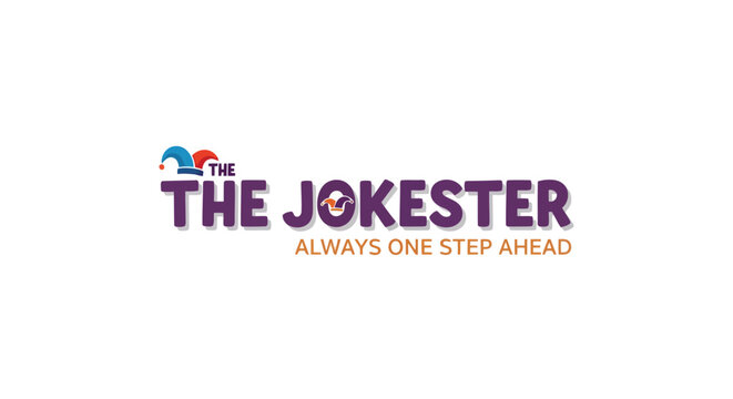 The Jokester logo with purple text and colorful graphic symbol