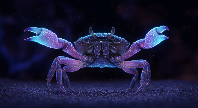 Mystical Crab Illuminated: A captivating close-up of a crab, its form enhanced with vibrant bioluminescent elements, creating a mesmerizing underwater spectacle.
