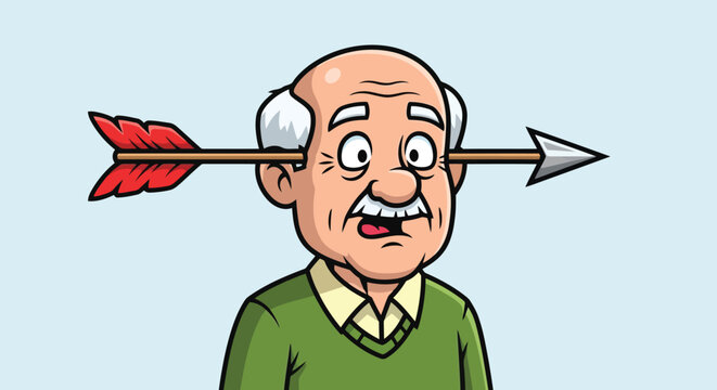 Cartoon elderly man with arrow through head smiling vector graphic