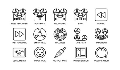 Fototapeta premium Vintage audio equipment icons: reel recorder, playback, tape path, power switch