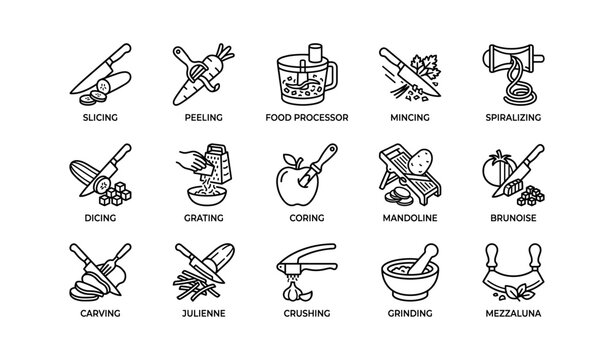 Kitchen tool icons for slicing, peeling, and food processing techniques