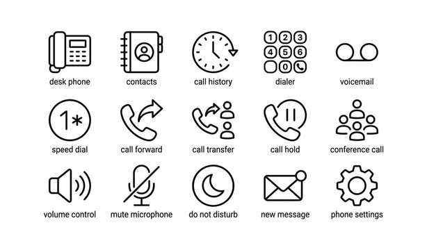 Communication icons set depicting phone features and settings