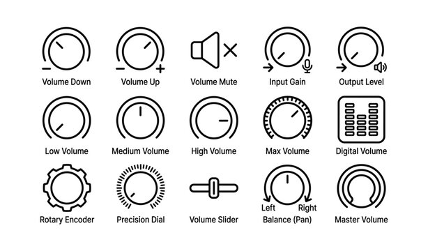 Audio control icon set: volume, balance, mute, gain, digital, rotary
