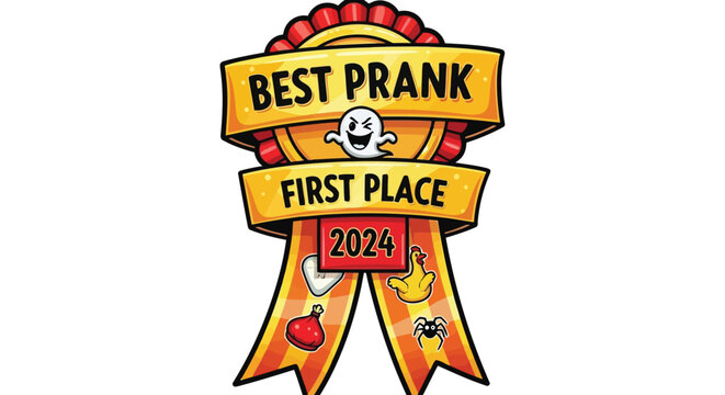 Best prank award ribbon with cartoon character and prank items