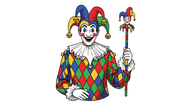 Colorful jester holding a scepter with a smaller jester on top, wearing a diamond-patterned costume and a large hat, illustration