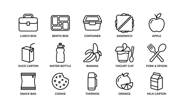 Icons of lunch items: lunch box, bento box, container, and more