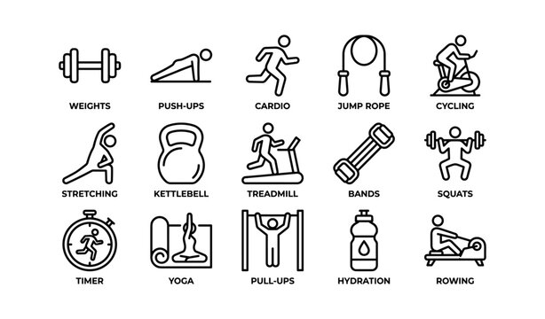 Fitness icon set with weights cardio jump rope cycling and yoga illustrations