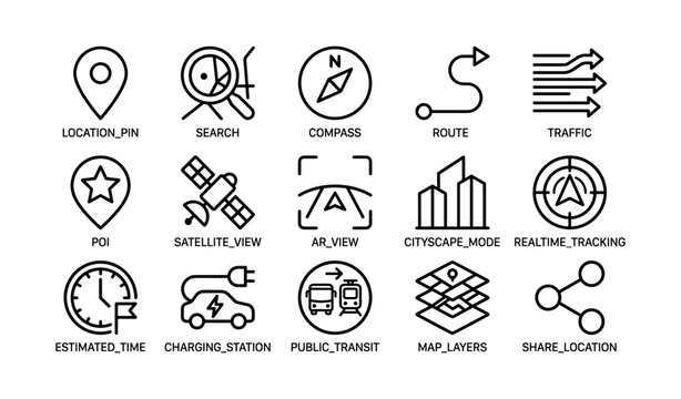 Navigation and tracking icon set with location, compass, and transit symbols