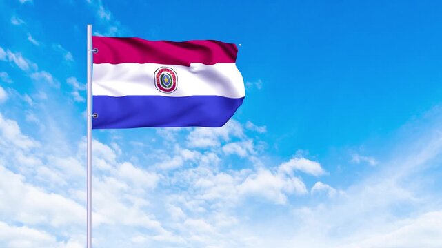 Flag of Paraguay Waving in the wind, blue sky with clouds Background, Slow Motion, Realistic Animation, 4K