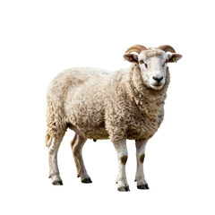 Fototapeta premium Full length portrait of white horned dorset sheep standing in the field