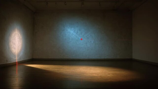 Light projection of leaves and a red circle in empty gallery space  