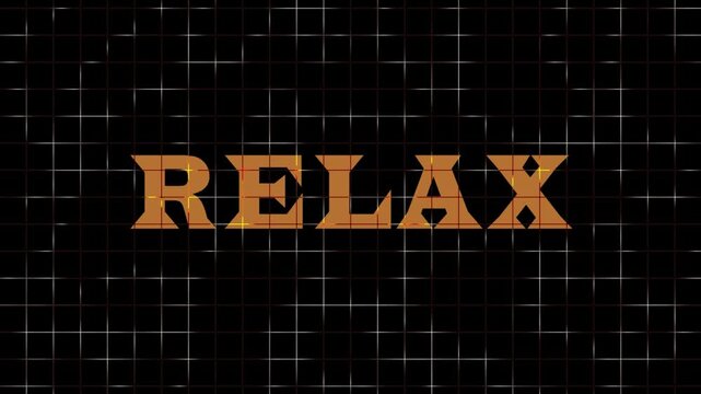 RELAX title animation with golden lettering on sparkling grid, cinematic retro wellness intro
