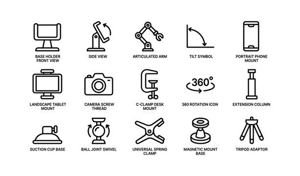 Set of office equipment icons: device mounts, camera accessories, and desk tools