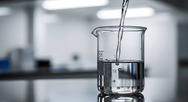 Laboratory beaker being filled with clear liquid