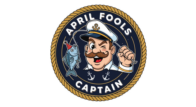 Cartoon sailor captain logo with fish and rope border
