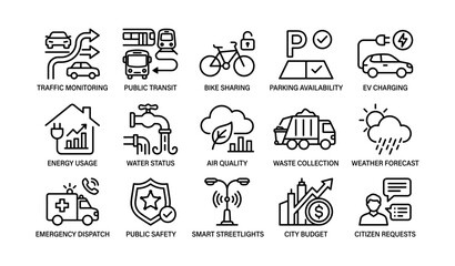 Fototapeta premium Smart city icon set representing transportation, environment, and public services