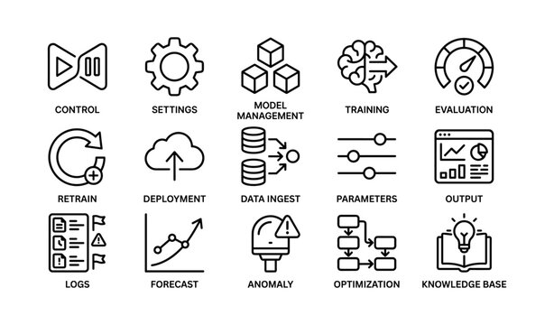 Ai concept icons: control, settings, data management, evaluation, retrain, deployment, optimization