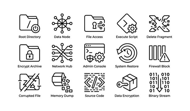 Technical icon set: file access, data node, security, system maintenance