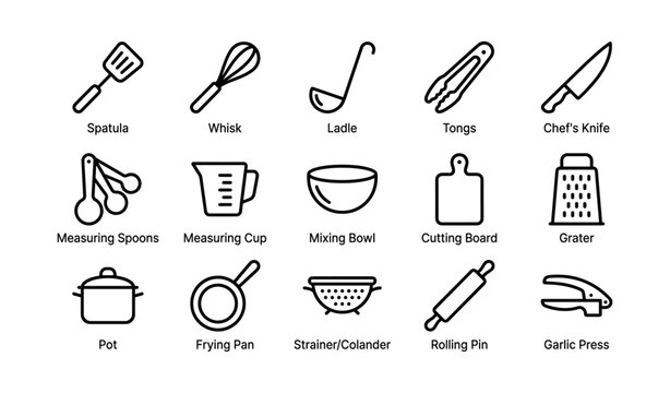 Essential kitchen utensils line art: tools for cooking and baking