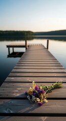 Fototapeta premium Bouquet of wildflowers rests on a wooden pier at sunrise overlooking a serene lake, evoking peace and natural beauty.