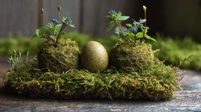 Speckled egg between two moss spheres with flowering plants. Traditional Easter decoration on forest ground. Spring holiday symbol, nature concept, rustic table centerpiece design.