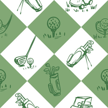 Golf sketch seamless pattern. Sports tools vector illustration. Hand drawn vintage style, isolated